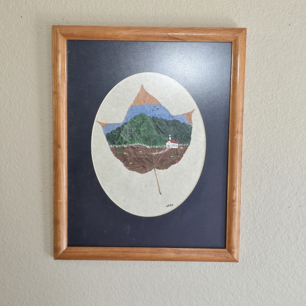 Original Painting On Maple Leaf  Church Nature Hand Painted Matted And Framed